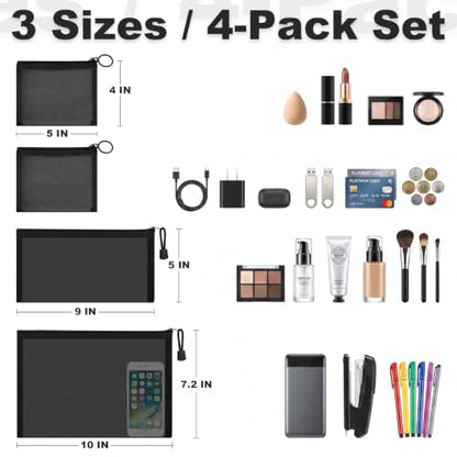 Mesh Bags with Zipper Set (4 Packs), Nylon Makeup Bag Cosmetic Pouches Travel Organizer Case for Purse Diaper Bag Home Organizing Black 2*Mini/1*Medium/1*Large - size: 4 Packs-Mix 3 Sizes