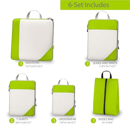 Compression Travel Packing Cubes with White Mesh, Green, 6Pcs - color: Green, size: Set of 6
