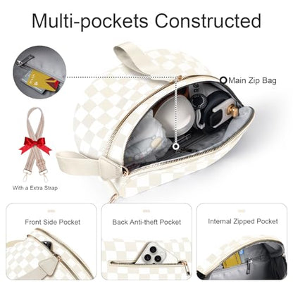 Bum Bags for Women Checkered Crossbody Bag Large Nylon Belt Purse Fanny Packs, Bonus with a Extra Strap - color: Beige Checkered