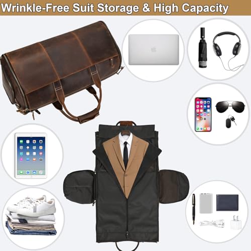 Full Grain Genuine Leather 2-in-1 Garment Dufflel Bag for Men Foldable Suit Carrier with Independent Shoe Compartment, Large Capacity Weekender Overnight Travel Bag for Business Trips, Coffee - color: Y2201FMY - Coffee