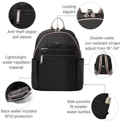 Baggallini Securtex® Anti-theft Vacation Travel Backpack 10x13 Daypack w/Locking Zippers & RFID Wallet Slash-Resistant - color: Black/Neutral
