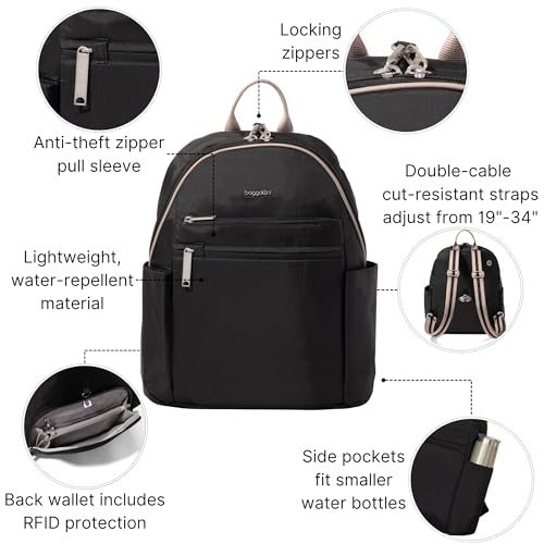 Baggallini Securtex® Anti-theft Vacation Travel Backpack 10x13 Daypack w/Locking Zippers & RFID Wallet Slash-Resistant - color: Black/Neutral