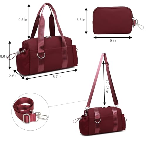 Everyday Mini Gym Bag for Women 2.0, Small Tote with Zipper Compartment Waterproof Travel Duffle Cute Handbag Workout Carry On with Removeable Shoulder Strap & Coin Wallet Easy to Clean-Wine - color: Wine