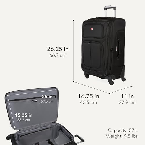 SwissGear Sion Softside Expandable Spinner Luggage Durable Lightweight Travel Suitcase, Black, Checked-Medium - color: Black, size: Checked-Medium