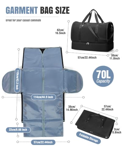 Garment Duffle Bag for Travel, Convertible Duffel Bag with Shoe Compartment - color: Black