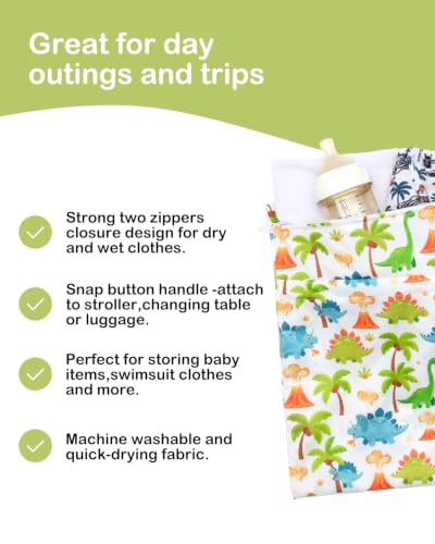 ALVA 2pcs Wet Dry Bags for Diaper Bag Waterproof Reusable with Two Pockets - color: Cute Dinosaurs
