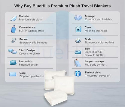 BlueHills Premium Soft Travel Blanket Pillow Combo Airplane - Ivory White - color: Ivory-1pk-t025