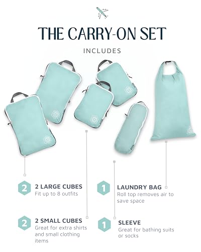 TRIPPED Travel Gear Compression Packing Cubes for Carry-On Travel 6-Pack - color: Dusty Teal and White, size: 6 Piece