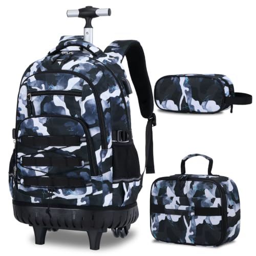 ACESAK 3PCS Camo Rolling Backpack for Boys with Lunch Box Pencil Case - color: Camo Lightning
