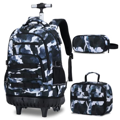 ACESAK 3PCS Camo Rolling Backpack for Boys with Lunch Box Pencil Case - color: Camo Lightning