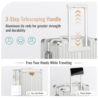 Joyway Front Opening PC Aluminum Carry On Luggage, Business Travel Hard Shell Suitcase with Laptop Compartment, Braking Spinner Wheels and Phone Holder, 20 Inch - color: White, size: 20 Inch