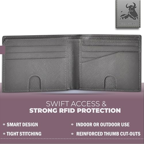 BULLGUARD Mens RFID Blocking Wallet Bifold with Flip Up ID in Saffiano Grey Genuine Leather - color: Wild Mountain Grey
