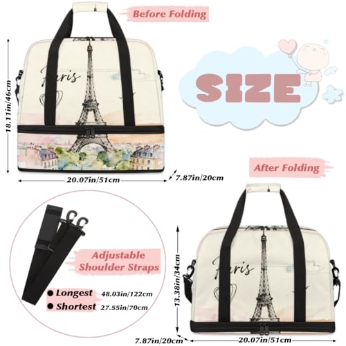 Paris Eiffel Tower Foldable Travel Duffel Bag, Expandable Sports Gym Bag with Shoes Compartment Weekender Overnight Totes Bags for Women Men - color: Paris Eiffel Tower