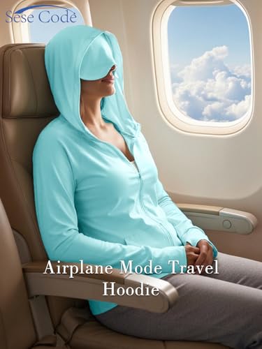 SeSe Code UPF 50+ Hoodie With Eye Mask Womens Zip Up Travel Jackets - color: Lake Blue, size: X-Large