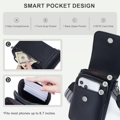 POIUGOYA Small Vegan Leather Crossbody Purse for Women, Cell Phone Purse - color: A-black