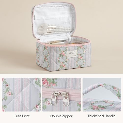 HBselect Quilted Makeup Bag, 3Pcs Cotton Large Travel Makeup Bags Organizer - color: A-3PCS-Floral 51