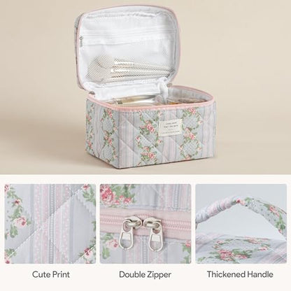 HBselect Quilted Makeup Bag, 3Pcs Cotton Large Travel Makeup Bags Organizer - color: A-3PCS-Floral 51