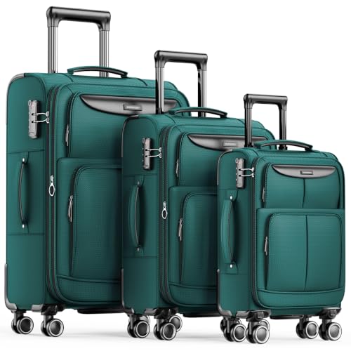 SHOWKOO Luggage Sets 3 Piece Softside Expandable Durable Suitcase Sets - color: Dark Green