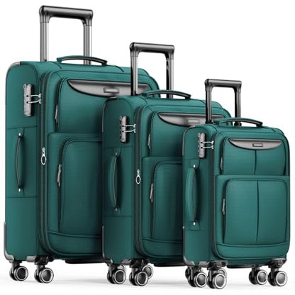 SHOWKOO Luggage Sets 3 Piece Softside Expandable Durable Suitcase Sets - color: Dark Green