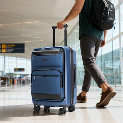 20 Inch Softside Suitcase with Spinner wheels, Carry on Luggage with & USB Port,Hybrid Soft Front & Hard Shell Large Checked Luggage with TSA Lock, Blue - color: Blue, size: 20 Inch