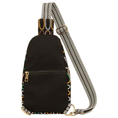 SILKAREA Canvas Sling Bag for Wome Crossbody Purse Small Sling Backpack Purse Travel Hiking Chest Bag Daypack - color: Embroidered Black