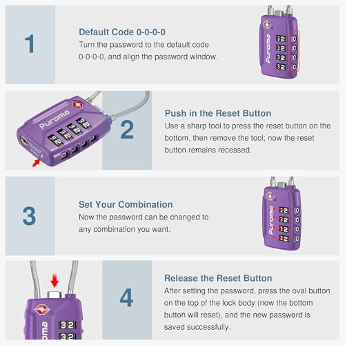 Puroma 2 TSA Approved Luggage Locks 4 Digit Code Cable Lock Purple Dark | Resettable, Flexible Cable, Zipper holes, Zinc Alloy, Bright Color, Large White Numbers, Suitcase Train Travel, laptop bag - color: Basic Purple Dark