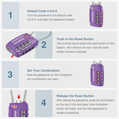 Puroma 2 TSA Approved Luggage Locks 4 Digit Code Cable Lock Purple Dark | Resettable, Flexible Cable, Zipper holes, Zinc Alloy, Bright Color, Large White Numbers, Suitcase Train Travel, laptop bag - color: Basic Purple Dark