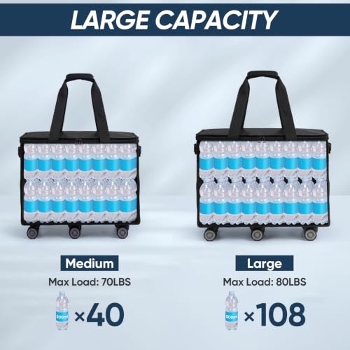BALEINE Reusable Grocery Bag on Wheels, Foldable Rolling Tote Bag - color: Black- Wide, size: Medium