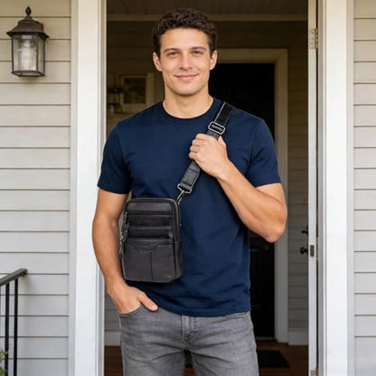 Leather Messenger Bag for Men, Small Leather Sling Shoulder Bag Messenger Pack for Men, Man Purse - color: Medium Black