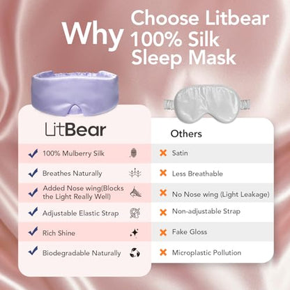 LitBear Silk Sleep Mask for Side Sleeper, Travel, Airplane, Office, Purple - color: Purple