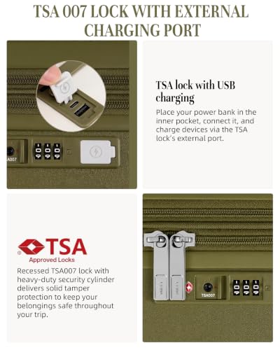 Timeet Checked Luggage, 28 Inch Large Size Hardside Suitcase with Spinner Wheels, Expandable Polycarbonate Rolling Luggage, TSA Lock, Built-in USB Charging, Wet Dry Separation Pocket, Olive Green - color: Olive Green, size: 28 inch