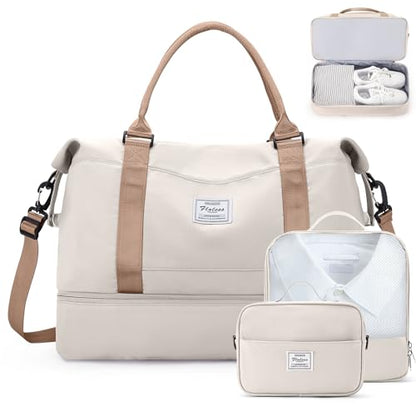 Weekender Bags for Women,Travel Duffle Overnight Bag with Shoe Compartment - color: Beige & Brown-3Pcs, size: Large