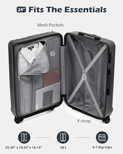Coolife PC+ABS Hardshell Luggage, TSA Lock, Spinner Wheels, 24in Checked - color: grey, size: 24 inch