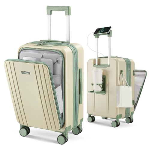 Carry on Luggage Top opening Suitcases, Expandable with Cup&Phone Holder and USB Charging Port,Hardside with Front Pocket Rolling Suitcases with Spinner Wheels & YKK Zippers (Beige, 20 Inch) - color: Beige