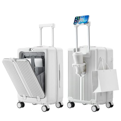 20Inch Carry On Luggage with Front Pocket and Cup Holder, White - color: White-SK, size: 20 Inch