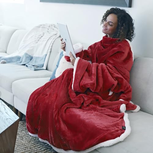 Catalonia Sherpa Wearable Blanket with Sleeves and Kangaroo Pocket - color: Wine, size: Kangaroo Front Pocket