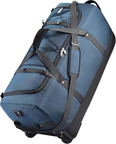 Rolling Duffle Bag with Wheels,110L/140L Expandable Soft-Sided Foldable Duffle Bag with 2 Rubber Wheels,Packable 32” Rolling Carry-On with Pockets & Compartments (Dark blue) - color: Dark blue
