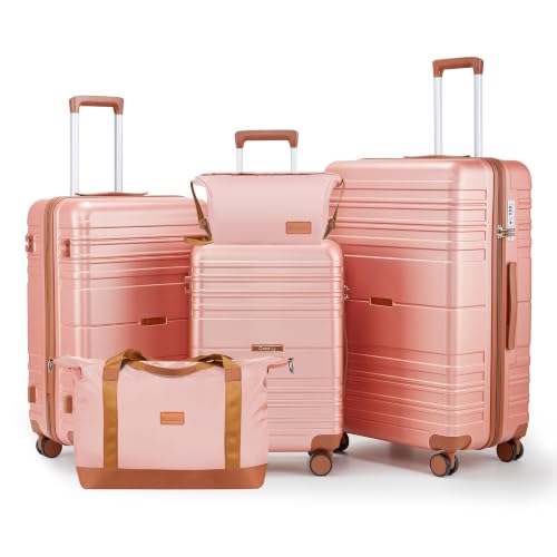 Luggage Sets with Spinner Wheels, Lightweight Hardshell Suitcase Set with TSA Lock, Carry On Checked Luggage Set with YKK Zippers (Pink, 5 piece sets(20/24/28/DB/TB)) - color: Pink, size: 5 piece sets(20/24/28/DB/TB)