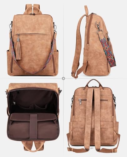 FADEON Leather Laptop Backpack for Women, 15.6 inch, Travel Work Bag - color: 2 Camel Brown Nubuck Style