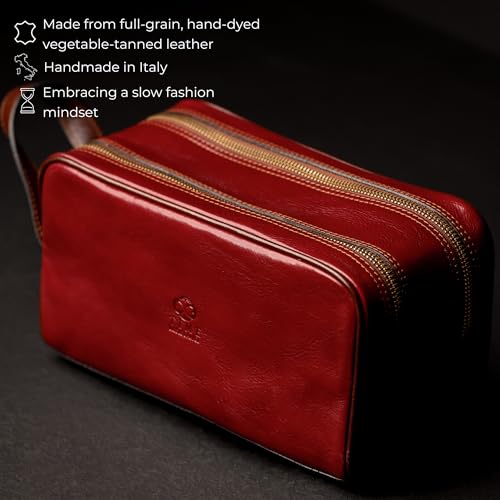 Time Resistance Leather Cosmetic Bag - Italian Toiletry Dopp Kit (Red) - color: Red