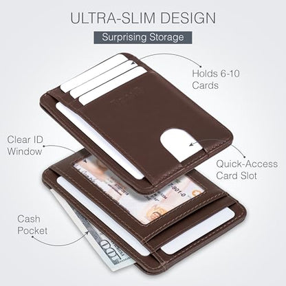 Full Grain Leather Slim Wallet for Men and Women - Small Minimalist Wallet and Leather Card Holder - Thin Front Pocket Credit Card Holder - Dark Brown - color: Dark Brown