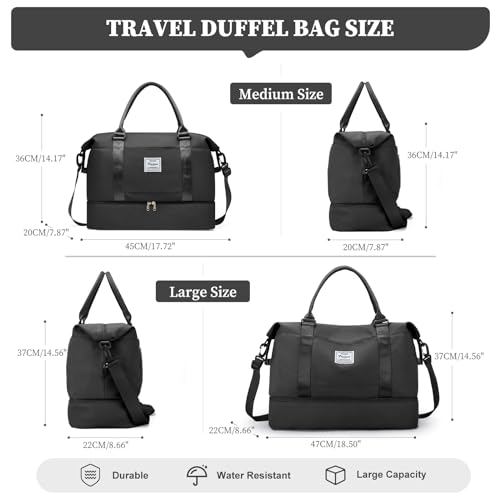 Weekender Bags for Women, Personal Item Travel Bag with Shoes Compartment - color: Black, size: Medium