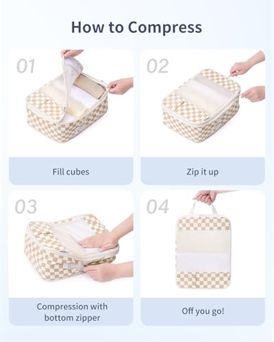 Narwey Compression Packing Cubes for Travel, Cute Luggage Organizer Bags - color: ZZ-Light Checkerboard