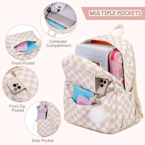 3PCS Corduroy Girls Backpack w/ Lunch Box & Pencil Bag (Beige Chessboard) - color: Beige Chessboard