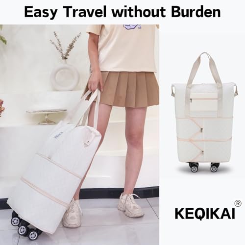 Rolling Duffle Bag with Wheels, Detachable Spinner Wheels, Wet Pocket, Beige - color: Beige