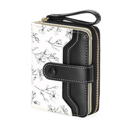 GAEKEAO Womens Wallet Slim Thin RFID Blocking Floral Leather Card Holder Bifold Long Ladies Wallet with Zipper Pocket - color: A02-Black & White