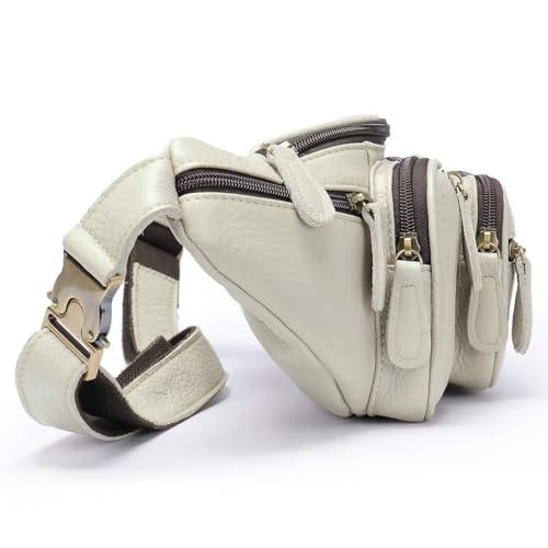 Genuine Leather Fanny Pack large capacity Crossbody Waist Bag with Zipper phone Pockets white - color: White
