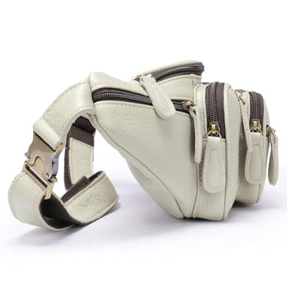 Genuine Leather Fanny Pack large capacity Crossbody Waist Bag with Zipper phone Pockets white - color: White