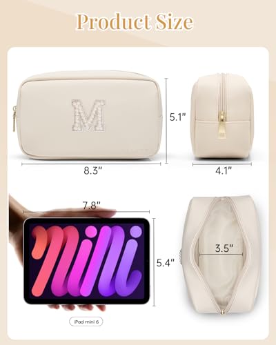 VLANDO Makeup Travel Bag with Pearl Monogram Patch,Beige M - color: 03-White-M