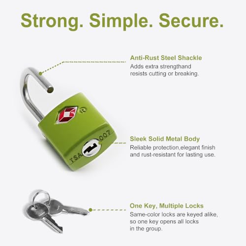 TSA Locks for Luggage with Keys, 4 Small Padlocks Keyed Alike - color: Dark Green